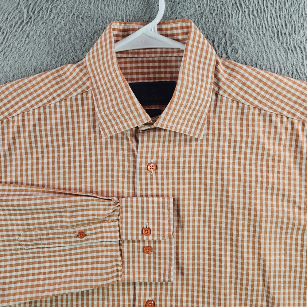 David Donahue Mens Trim Fit Dress Shirt 15.5 34/35 Orange Gingham Check Cotton
